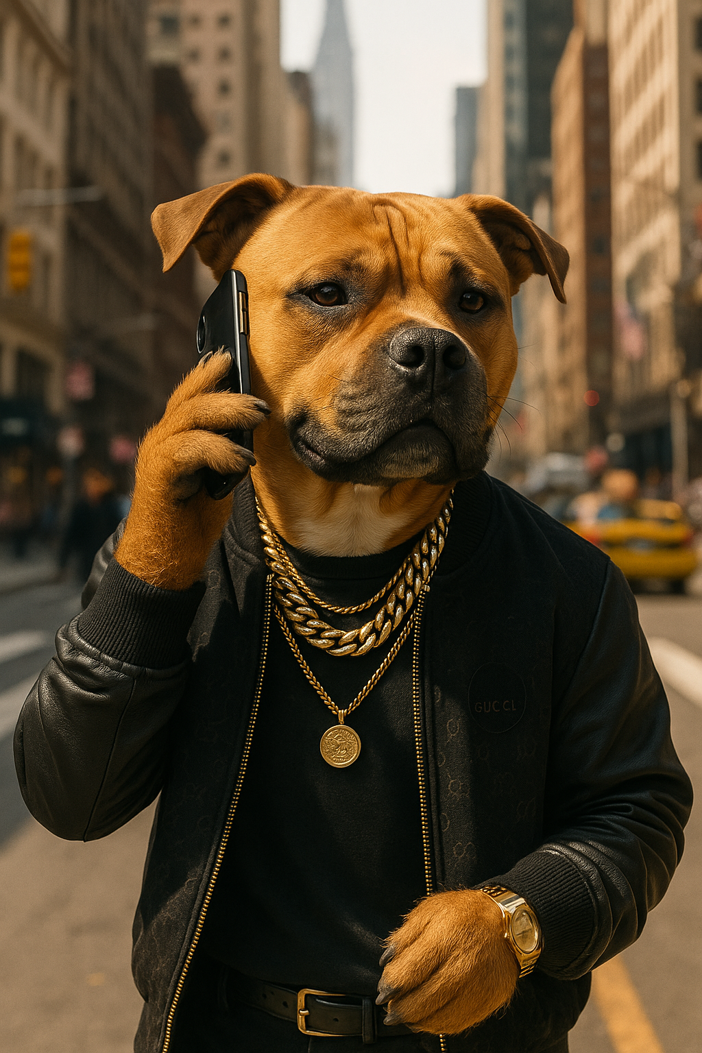A dog with a human body, wearing a black jacket and gold jewelry, talking on a cell phone in an urban city street.