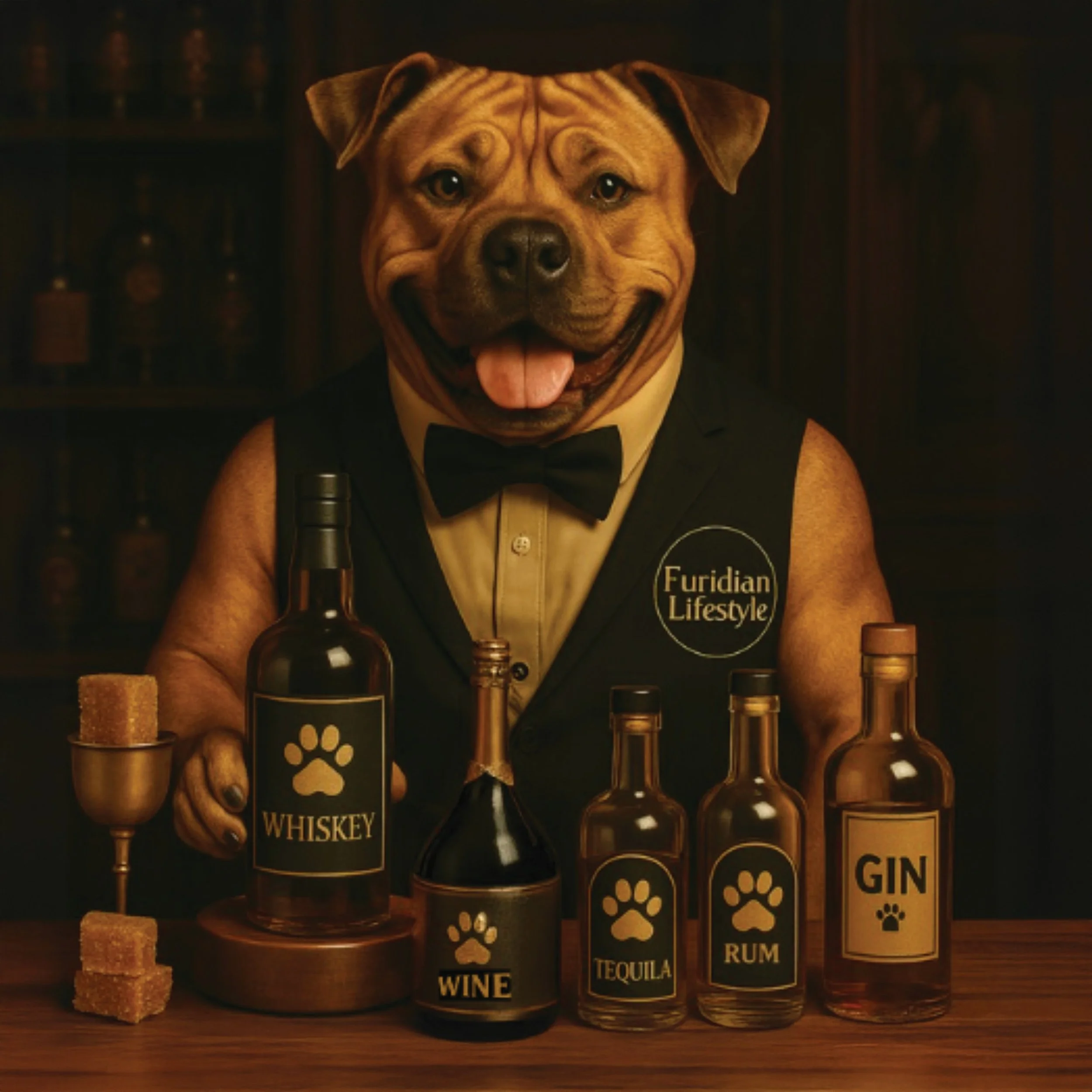 A dog with a dog's face and a human body dressed in a tuxedo and bow tie, behind a bar with bottles labeled whiskey, wine, tequila, rum, and gin, with a logo that says "Furidian Lifestyle".