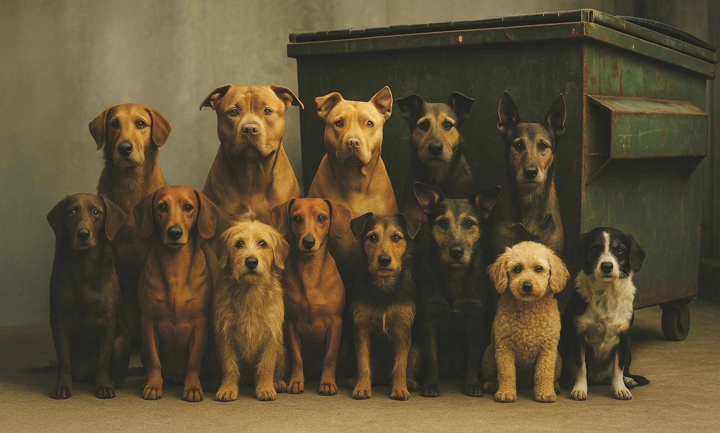 Picture of stray rescue pets standing next to a dumpster just like the one that Furidian was rescued from when he was a puppy.