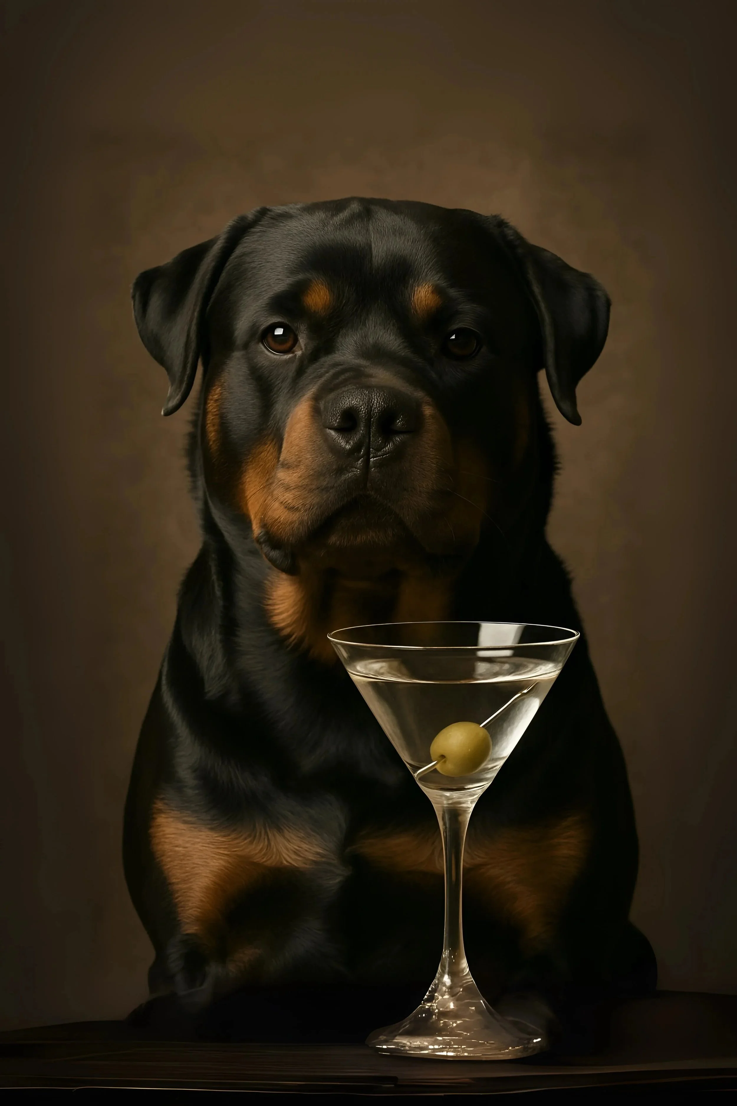 Sophisticated Rottweiler Martini Portrait | Dog Lover Gift | Museum Quality Bar Wall Art Print