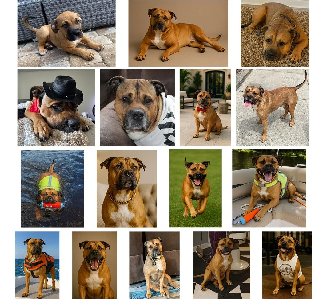 A collage of 15 photos of various dogs, mainly Bulldogs and mixed breeds, in different settings and poses, including lying down, sitting, swimming, and wearing accessories like hats, bandanas, and vests.