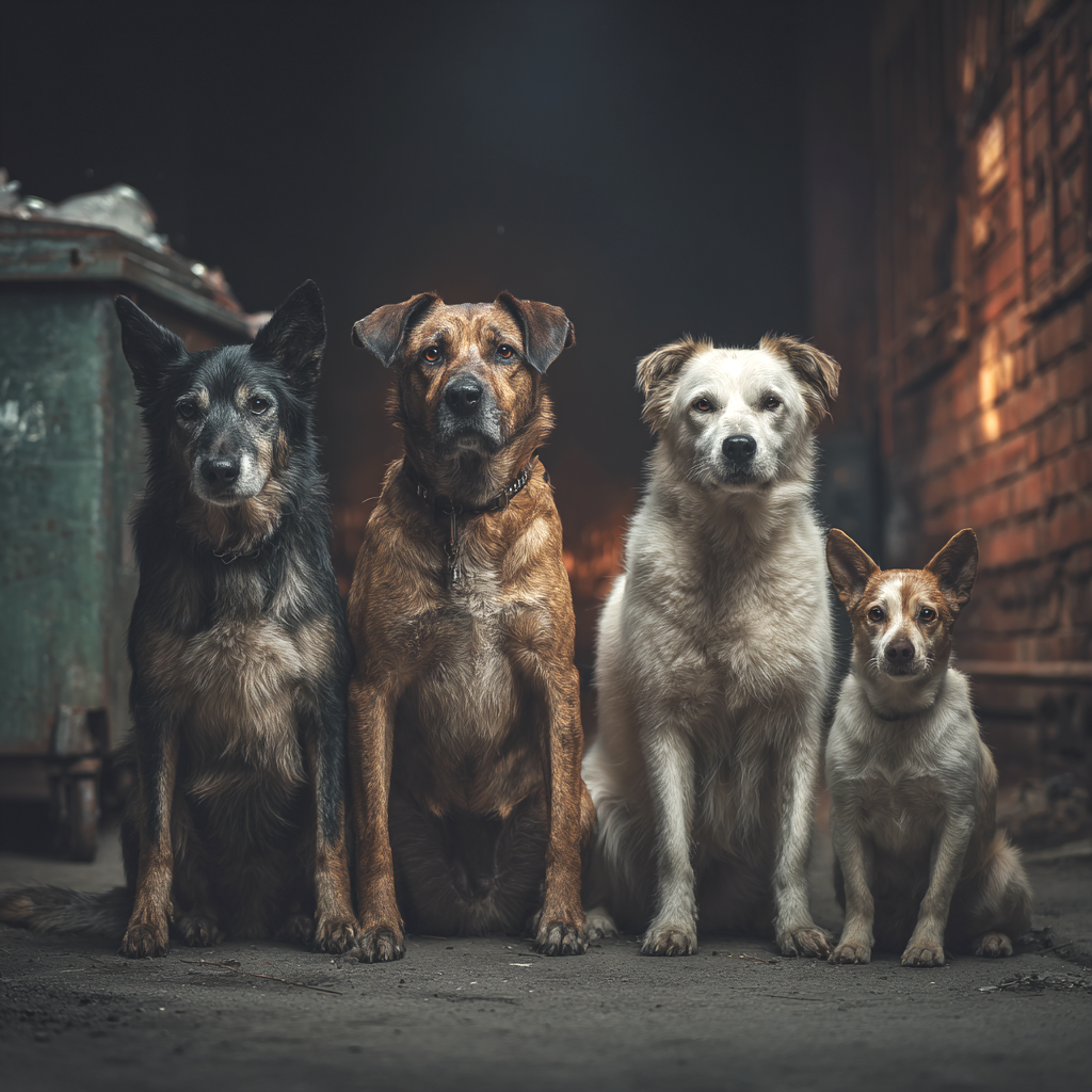 Picture of stray rescue pets standing next to a dumpster just like the one that Furidian was rescued from when he was a puppy.