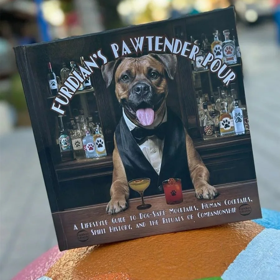 Book titled 'Furidian's Pawtender Pour' with an image of a bartender dog in a tuxedo, behind a bar with bottles of alcohol behind it, and two cocktails in front of the dog.