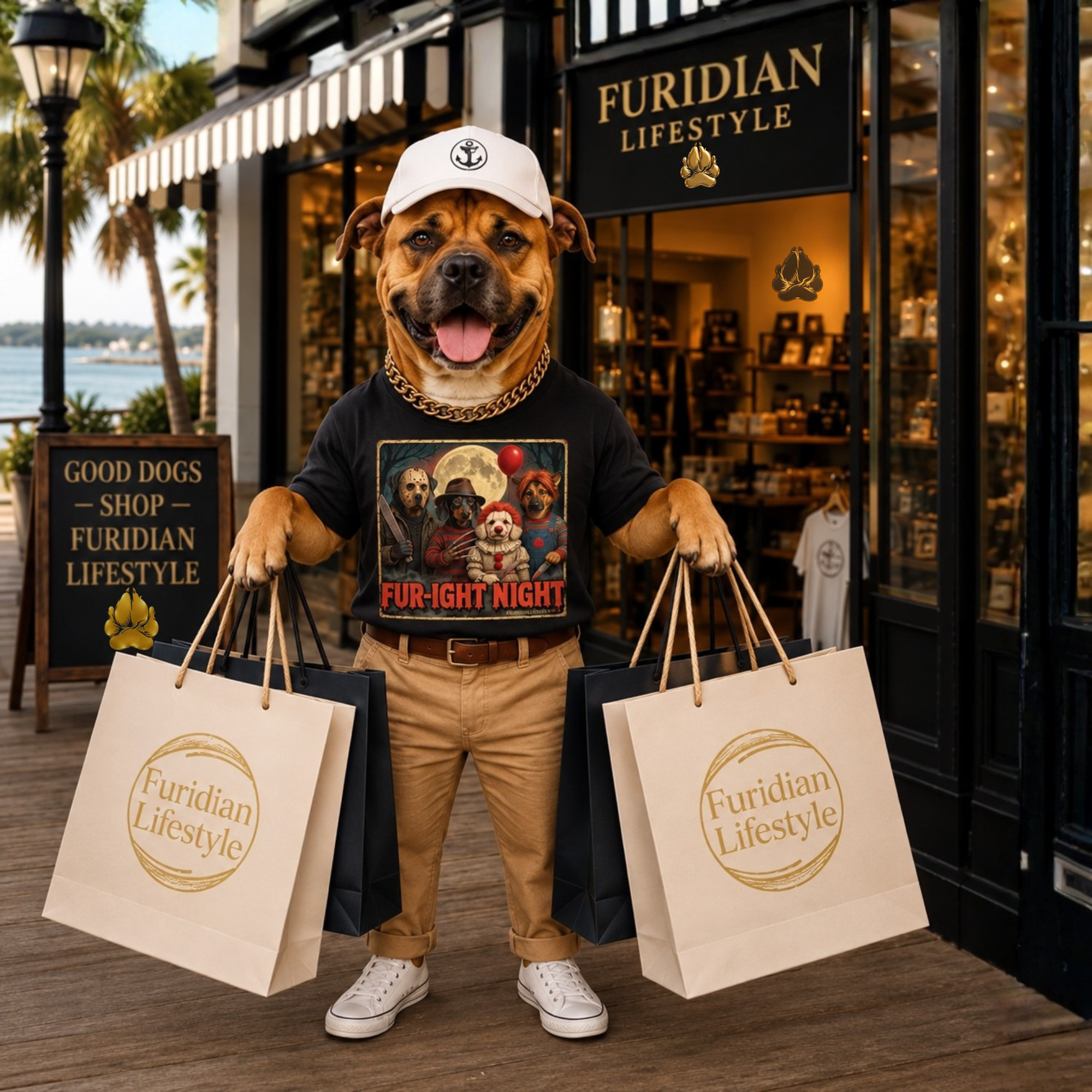 Furidian Shopping holding bags and wearing Furidian Lifestyle Branded Products