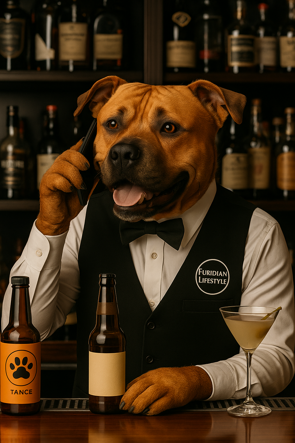 A dog dressed in formal bartender attire with a white shirt, black vest and bow tie, sitting at a bar with bottles of beer, a cocktail, and a bar tool, speaking on a phone.