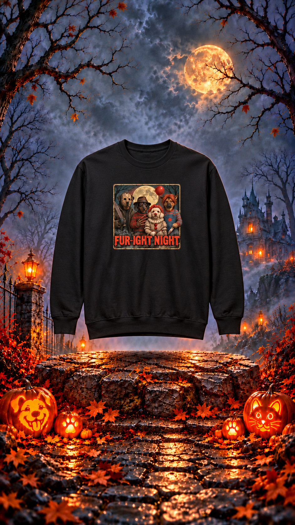 FUR-IGHT NIGHT Dog Halloween Horror Crewneck Sweatshirt