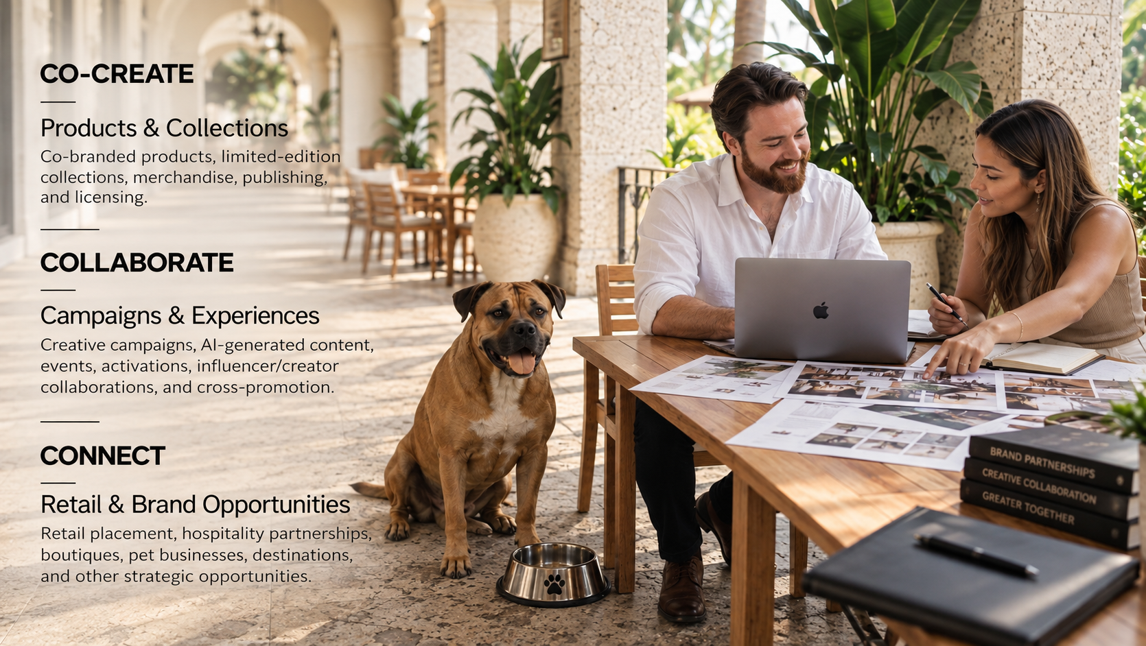 Man consulting woman with Furidian dog sitting next to them