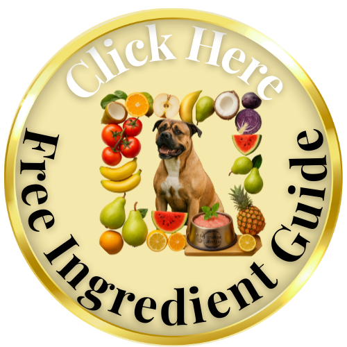 A circular guide with a gold border, saying 'Click Here Free Ingredient Guide'. Inside, there is a dog surrounded by various fruits such as tomatoes, bananas, apples, pears, grapes, watermelon, pineapple, lemon, orange, coconut, and a piece of steak with mint and lemon slices.