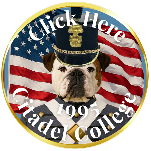 A dog dressed in a Citadel College uniform with a cap, badge, and coat, standing in front of an American flag, with text that reads 'Click Here 1995 Citadel College.