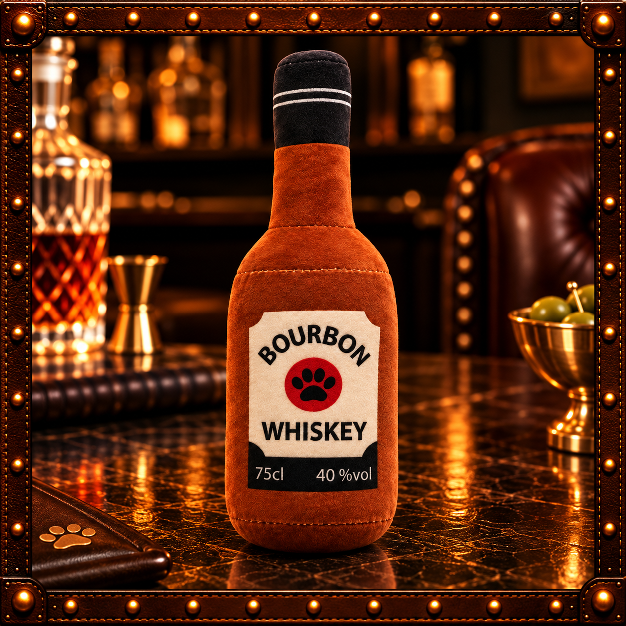 Bourbon Whiskey Bottle Plush Squeaky Dog Toy