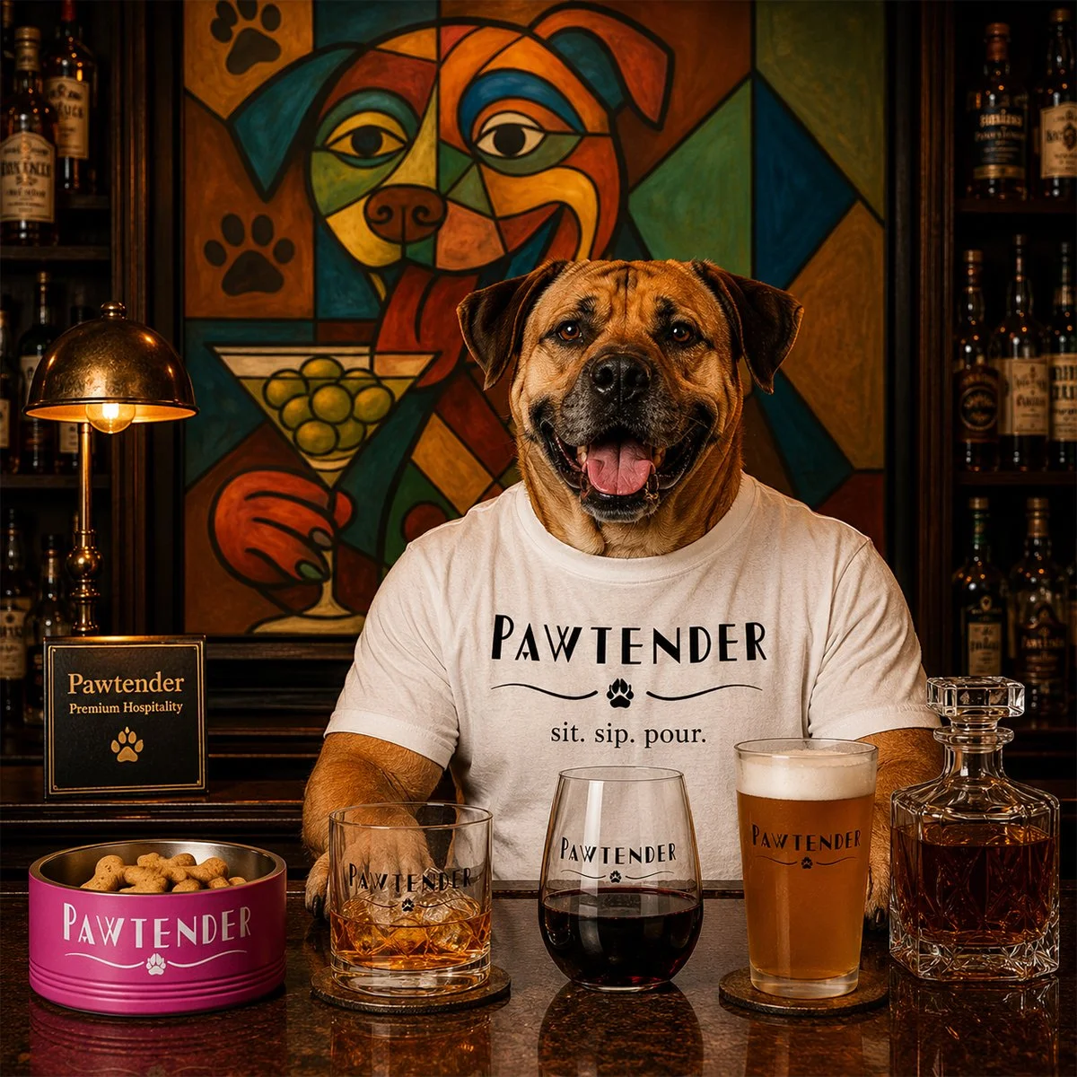 Furidian Pawtender at his bar with his branded items