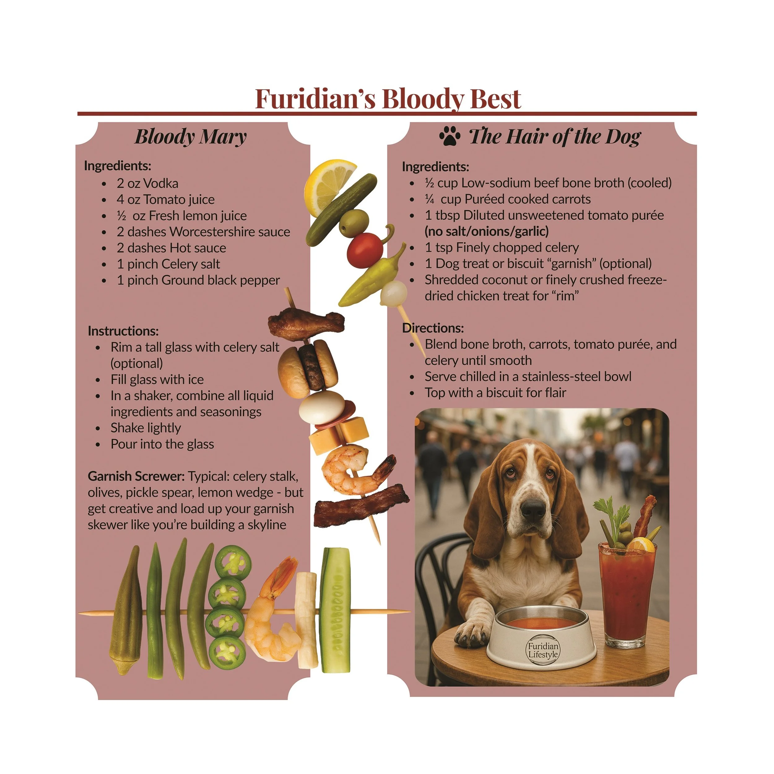 A recipe card titled 'Furidian's Bloody Best' featuring two cocktail recipes: 'Bloody Mary' on the left and 'The Hair of the Dog' on the right. The card includes ingredients, instructions, and garnishes for each drink, along with an image of a dog with a bowl, a drink glass, and a garnished Bloody Mary.