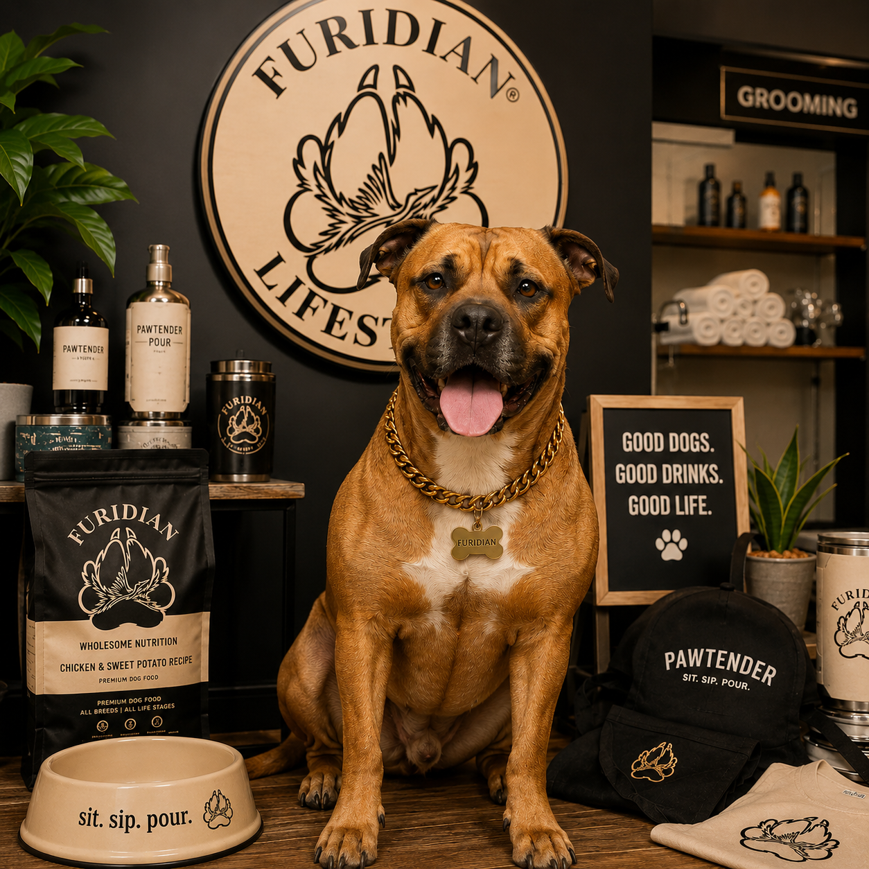 Furidian sitting in front of merchandise