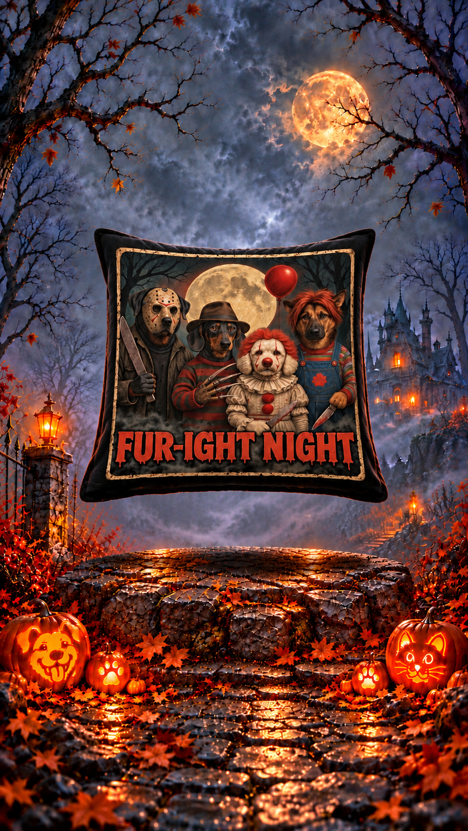 FUR-IGHT NIGHT Dog Halloween Horror Throw Pillow
