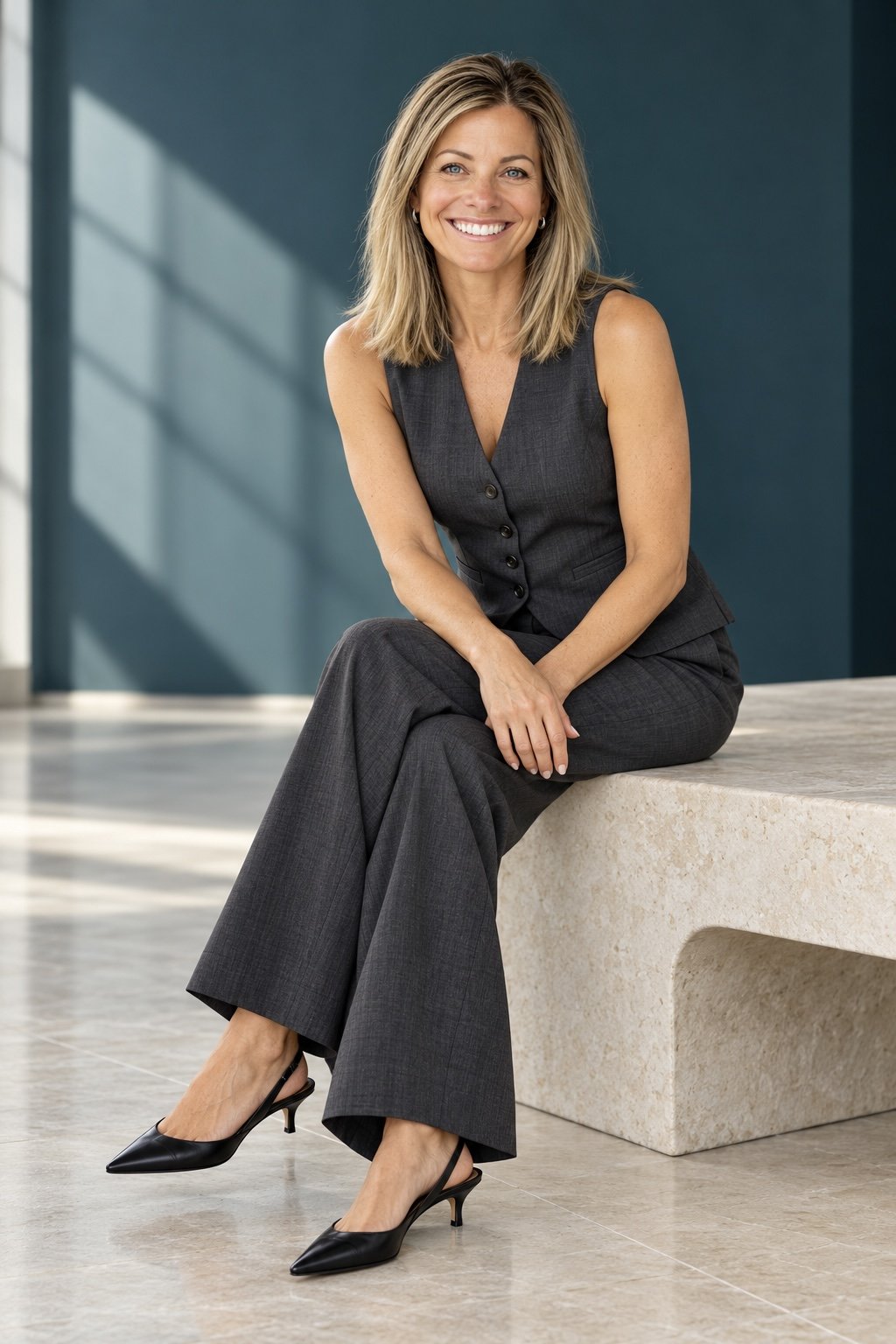 A smiling woman in a gray sleeveless suit sitting on a stone bench in a modern building with large windows.