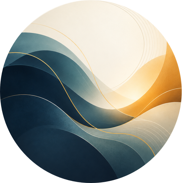Abstract circular design with layered curved lines in shades of blue, teal, and gold, creating a flowing wave pattern.