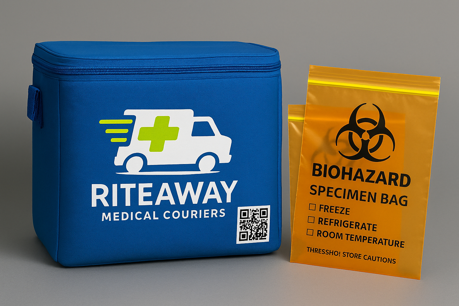 Blue medical courier bag with green cross and ambulance icon, labeled 'RITEAWAY MEDICAL COURIERS' and QR code. Orange biohazard specimen bag labeled 'BIOHAZARD SPECIMEN BAG' with checkboxes for freeze, refrigerate, and room temperature.