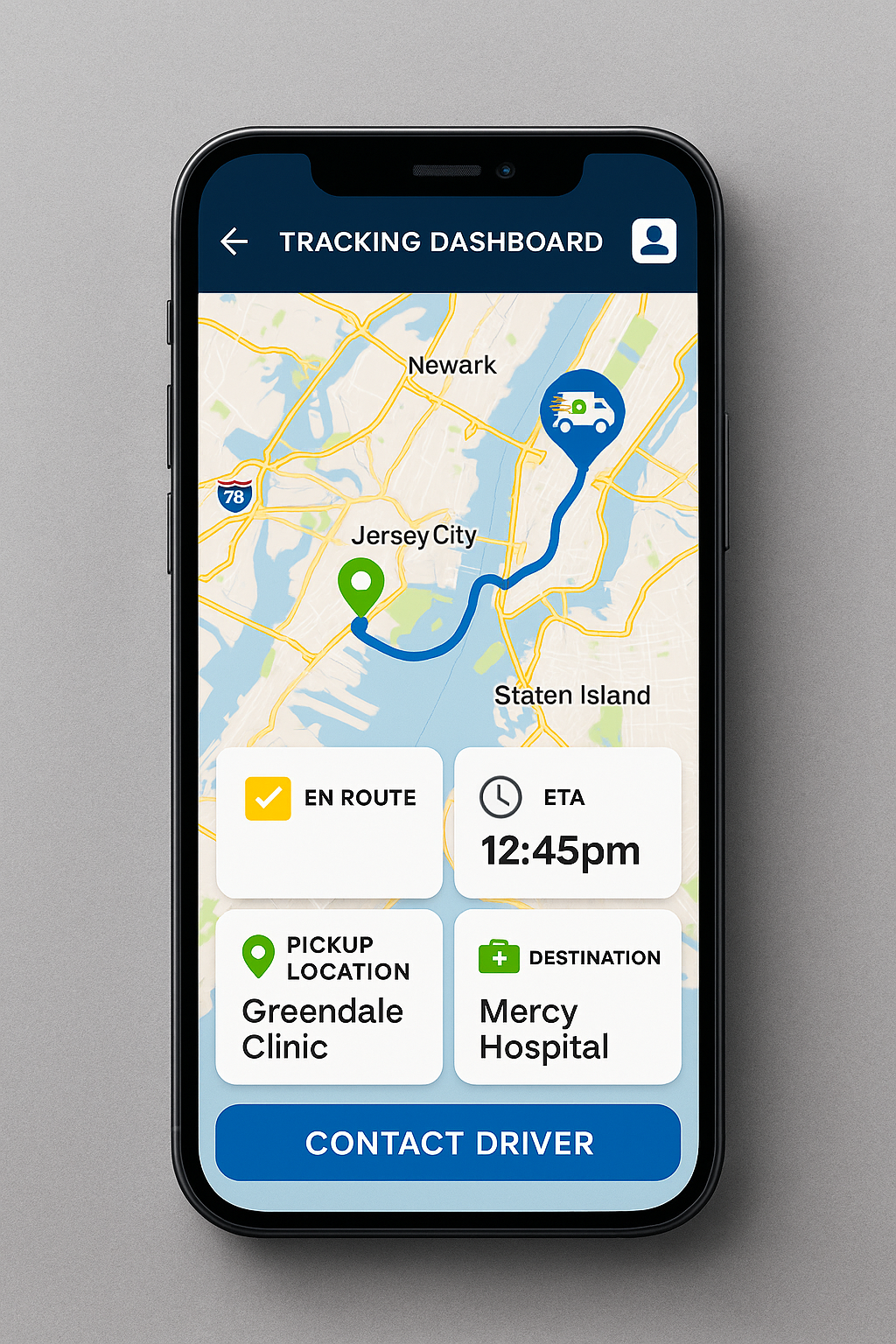 Mobile phone displaying a transportation tracking app with a map showing a route from Jersey City to Mercy Hospital, with pickup location at Greendale Clinic and an estimated time of 12:45 pm.