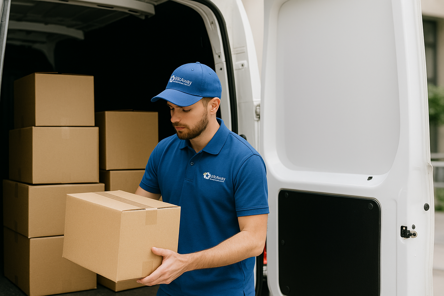 A delivery person in a blue uniform and cap loading cardboard boxes into the back of a white delivery van.