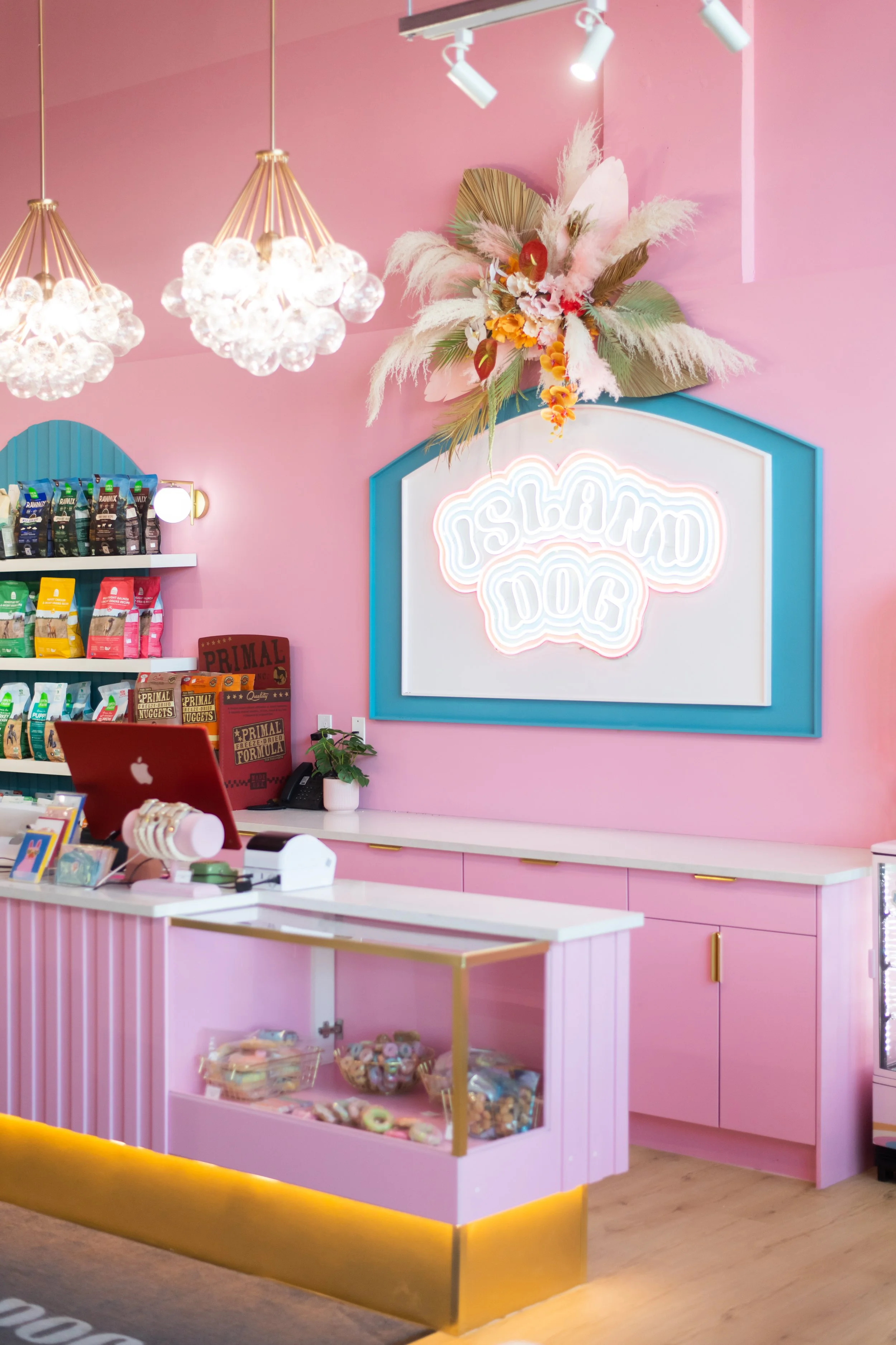 Interior of a colorful shop with pink walls, a neon sign reading 'Island Dog,' and decorative floral arrangements hanging from the ceiling. The counter displays various candy and treats, with shelves stocked with pet food on the left.