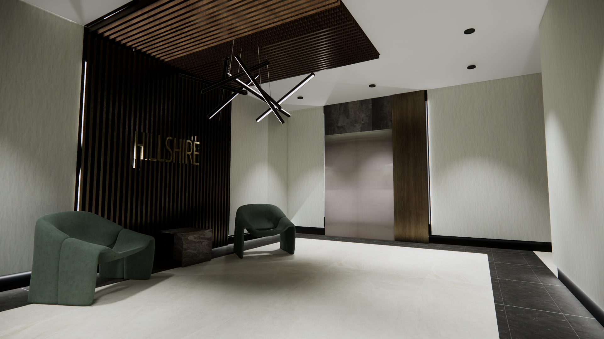 Modern hotel lobby with two green chairs, a black side table, dark wood wall decor with the name 'Hillsire', and a sleek elevator.