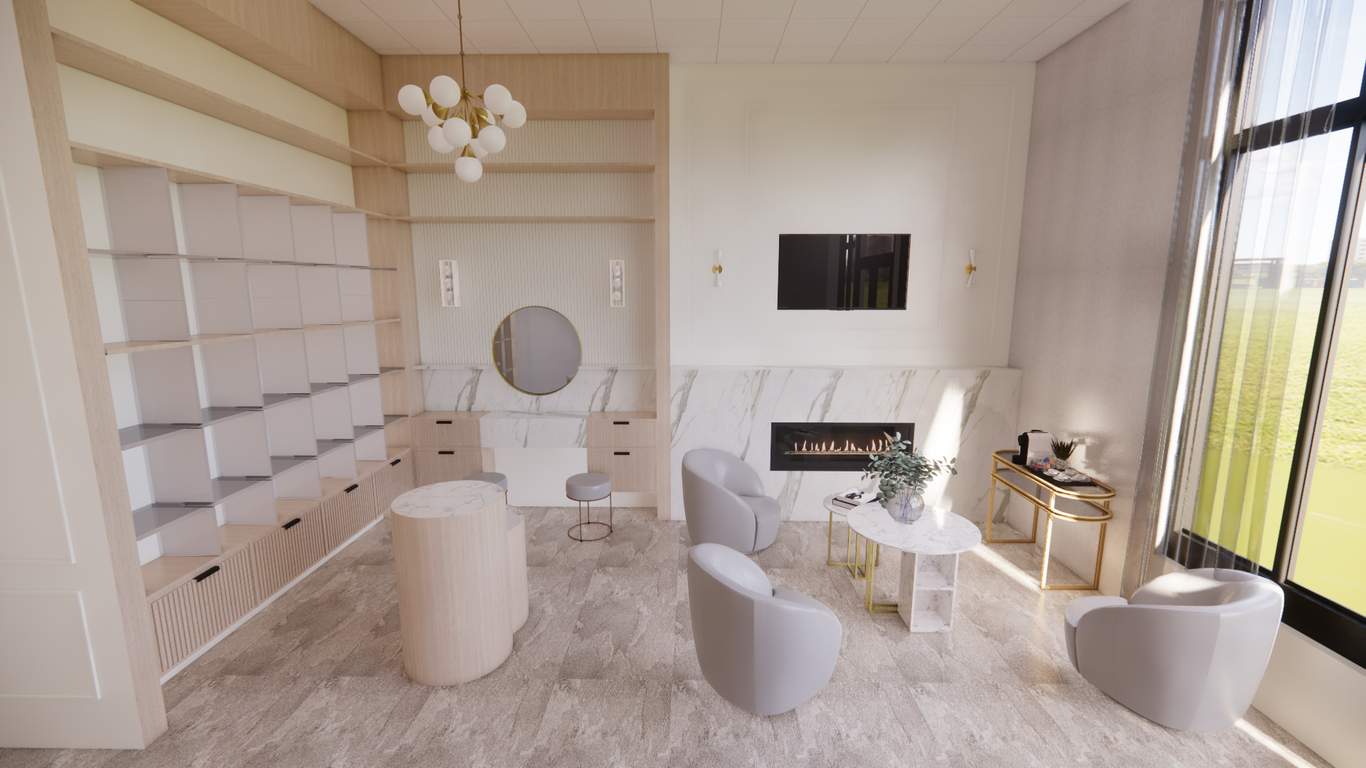 Modern living room with beige carpet, a fireplace on the wall, wall-mounted television, and large windows letting in natural light. The room features white and neutral-toned furniture, a marble-topped coffee table, a gold and black side table, and a 