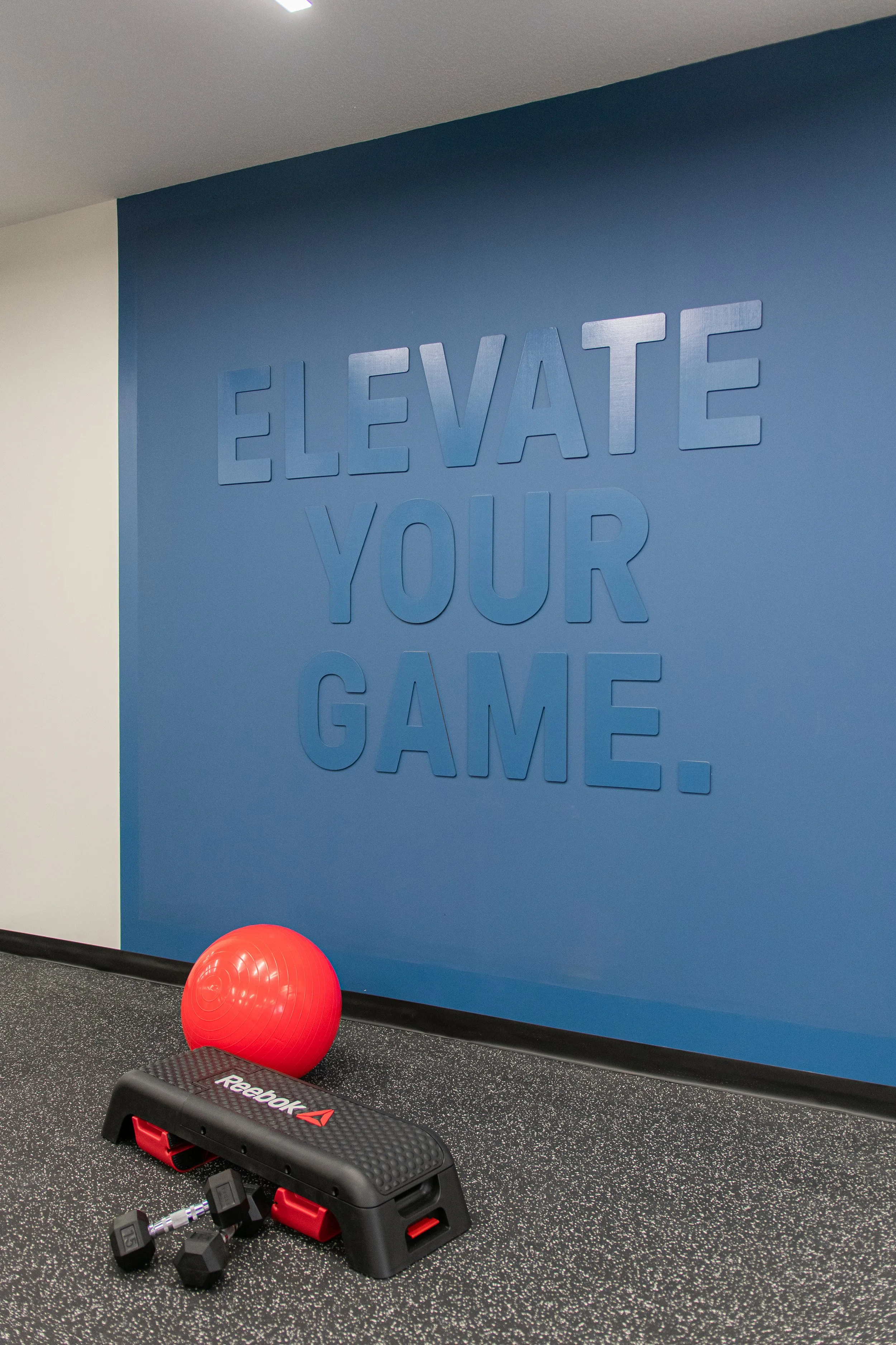 Fitness gym corner with a motivational blue wall reading 'ELEVATE YOUR GAME,' a red exercise ball, a Reebok step, and small dumbbells on a speckled floor.