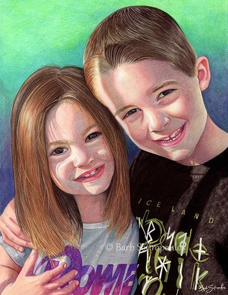 A young girl with red hair and a boy with brown hair smiling together, embracing each other against a colorful backdrop.