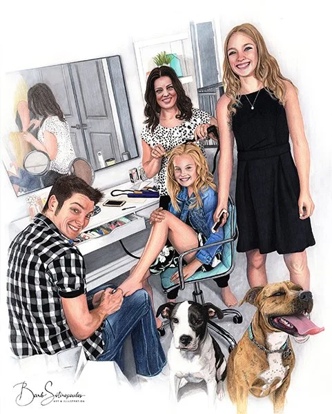 A group of four young people and two dogs posing in a hair salon, with mirrors and salon tools visible in the background.