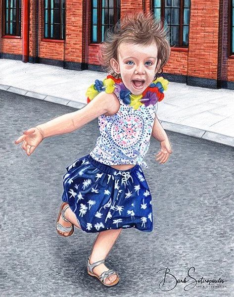 A young girl with curly hair, smiling and running on a sidewalk in front of a building, wearing a white top with colorful dots, a dark blue skirt with white palm trees, and sandals.