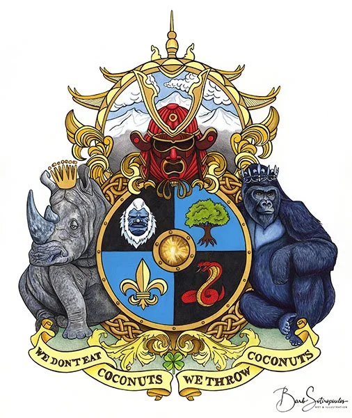 A colorful, detailed illustration of the Boy Scouts of America emblem featuring a shield with a turtle, a tree, a fleur-de-lis, and a snake, surrounded by a golden ornate border with a horned figure at the top, and two animals (a rhinoceros and a gor