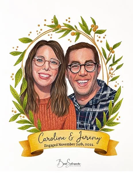 Illustration of a smiling couple with glasses, surrounded by a wreath of green leaves and small golden dots, with a yellow ribbon banner below that reads "Caroline & Jeremy, Engaged November 24th, 2022."