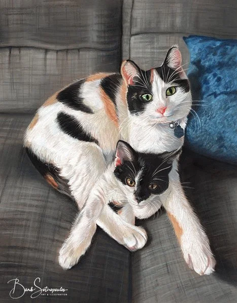 Two calico cats, one larger and one smaller, sitting on a gray couch next to a blue pillow.