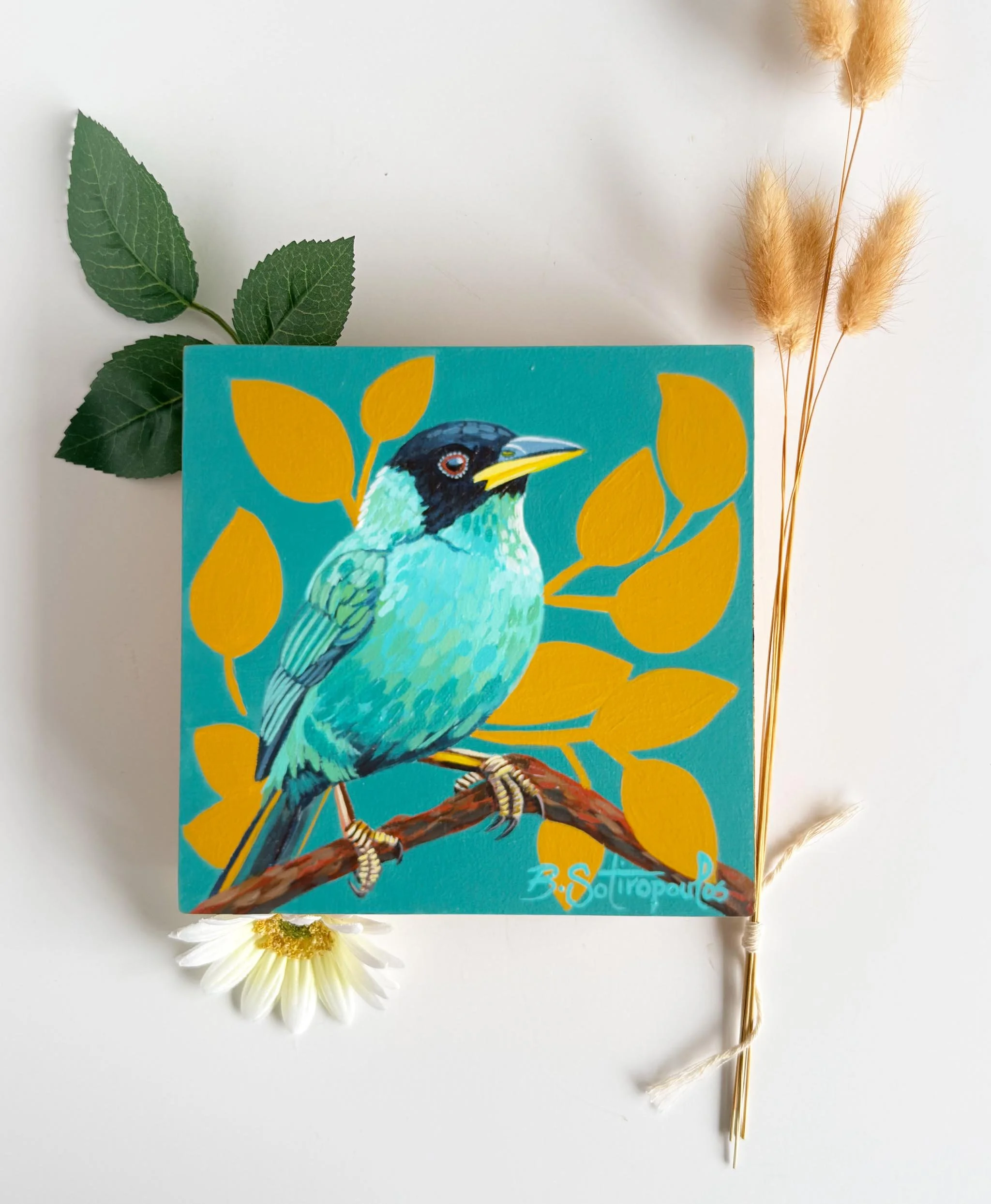 Green Honeycreeper - 6x6 inch Acrylic on Birch Panel