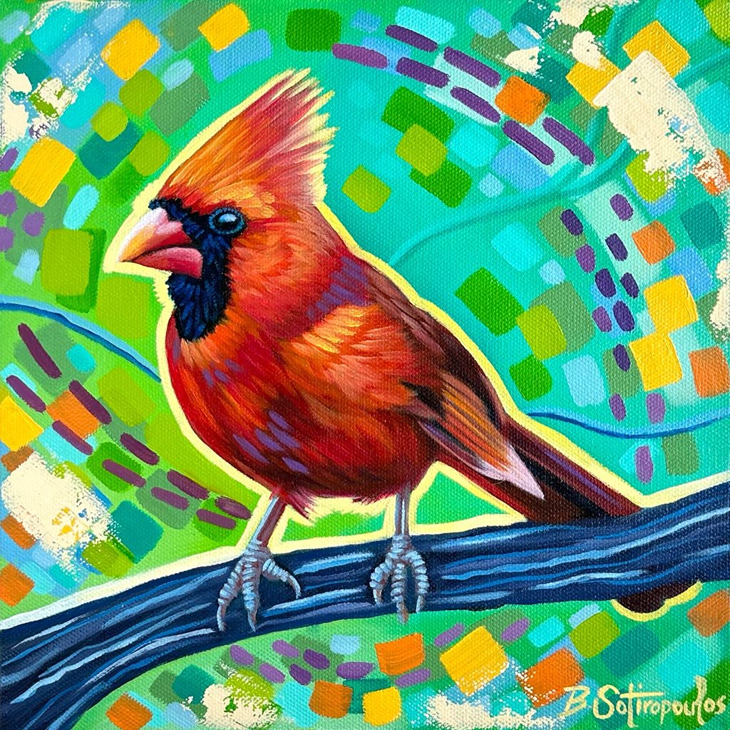 Colorful painting of a cardinal bird sitting on a branch with a vibrant, abstract background of green, yellow, blue, purple, and orange shapes.