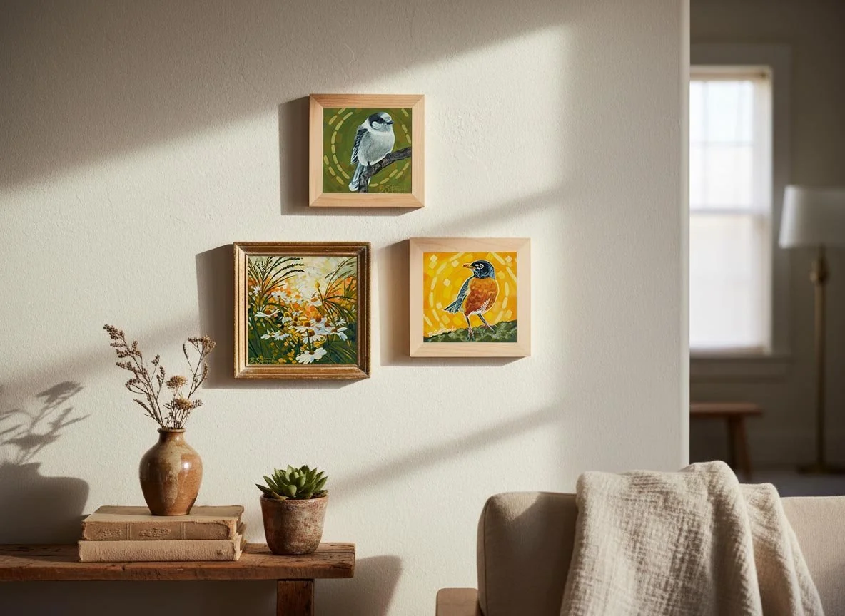 Living room wall decorated with three bird-themed paintings and a wooden shelf displaying potted plants, sunlight casting shadows.