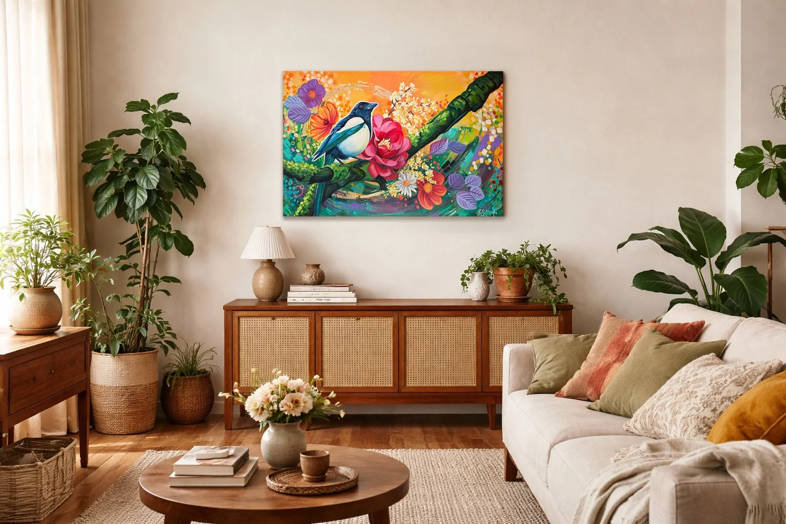 Living room with a white sofa, green and rust-colored pillows, a wooden coffee table with books and a flower vase, various potted plants, and a colorful bird and flowers painting on the wall.