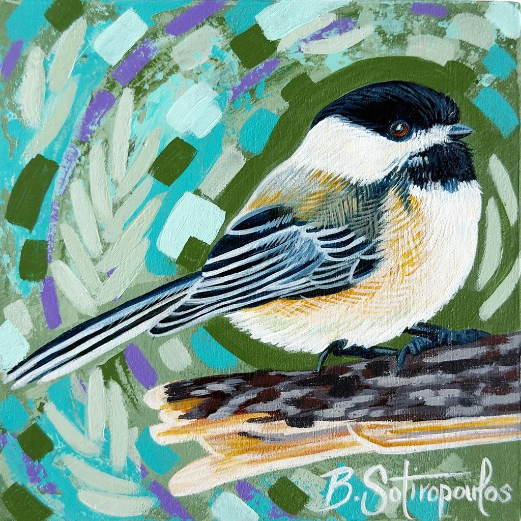 Painting of a small bird, possibly a chickadee, perched on a branch with a background of abstract green, blue, and purple brushstrokes. The artist's signature is at the bottom right corner.