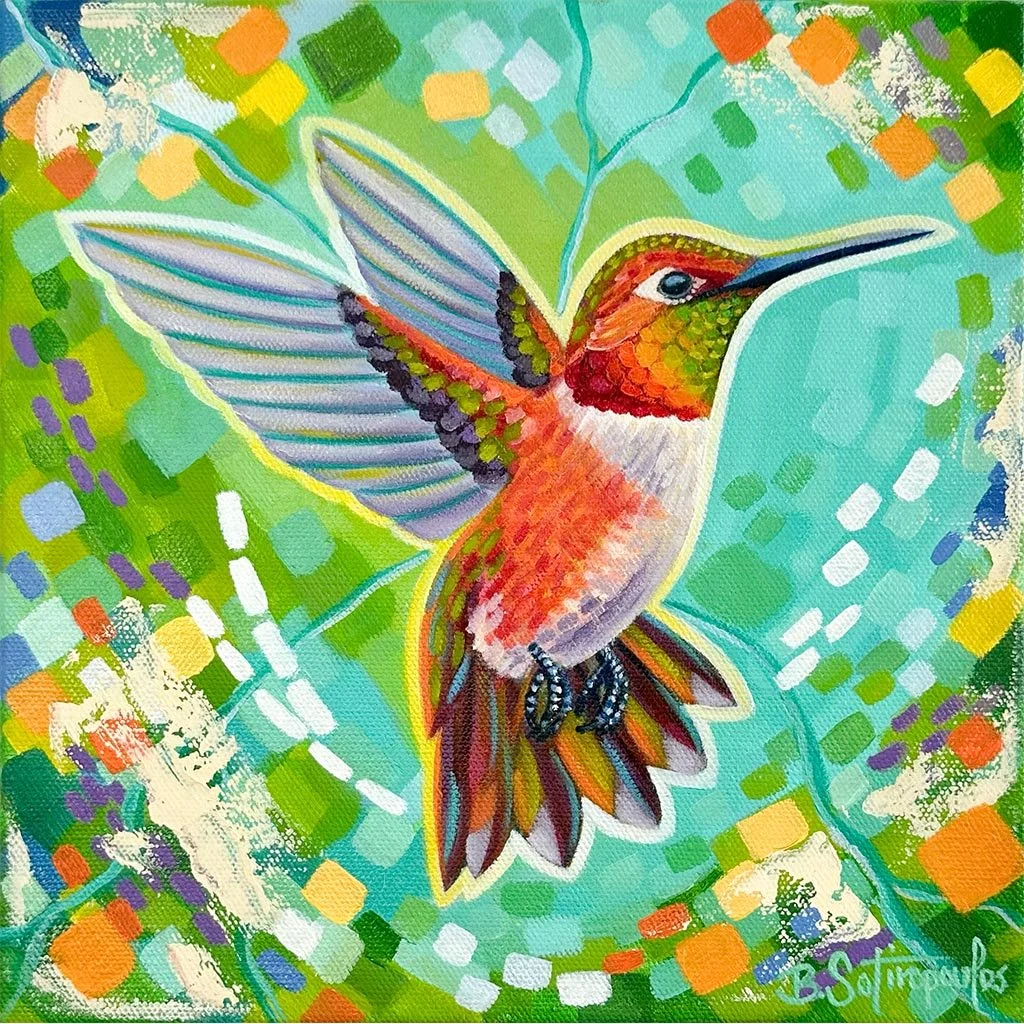 A colorful embroidered depiction of a hummingbird with outstretched wings surrounded by a vibrant, abstract background of green, yellow, and blue shapes.