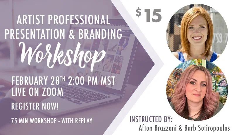 Promotional flyer for an art professional presentation and branding workshop. The flyer features two women, dates and times for the workshop, and details about the event including cost, duration, and instructors.