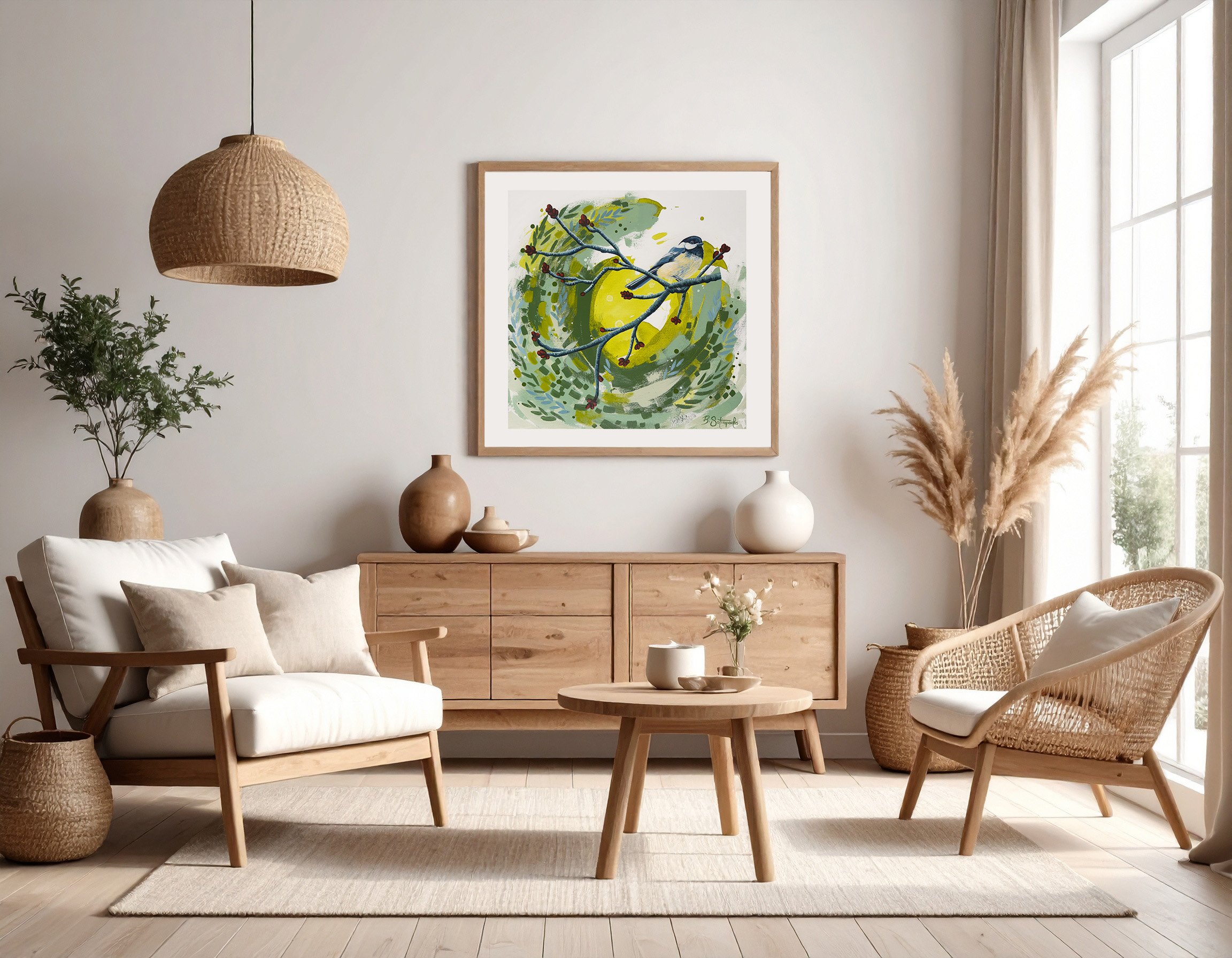 A modern living room with beige and wooden furniture, a framed artwork of a bird on a tree branch, and a large window with curtains, decorated with plants and vases.