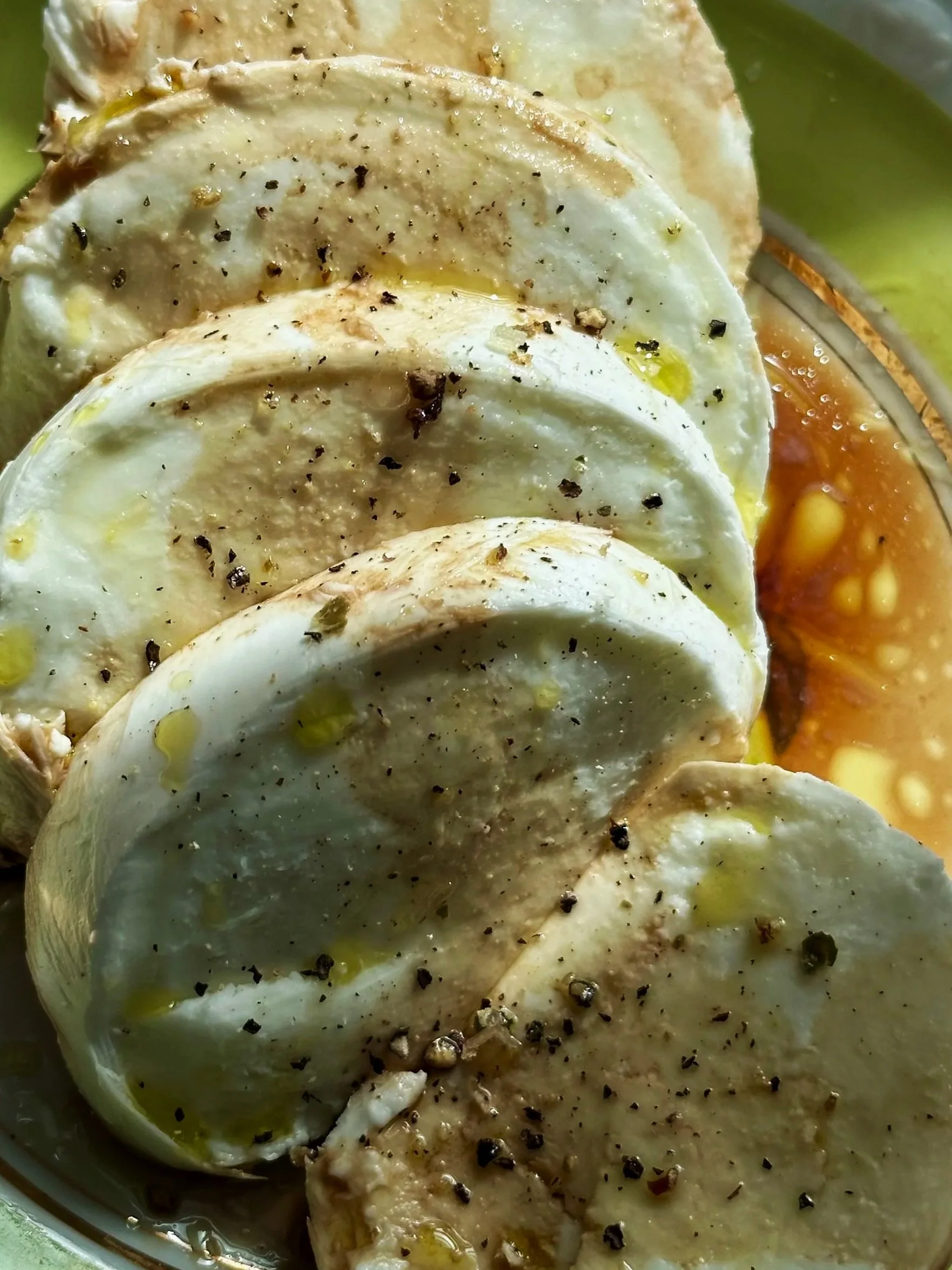 water buffalo mozzarella with Noor Fès EVOO, Whole Foods aged balsamic vinegar from Italy. 