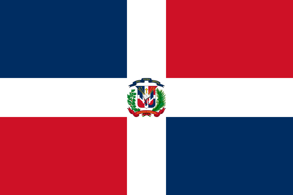 Bandera de la República Dominicana con escudo en el centro.
