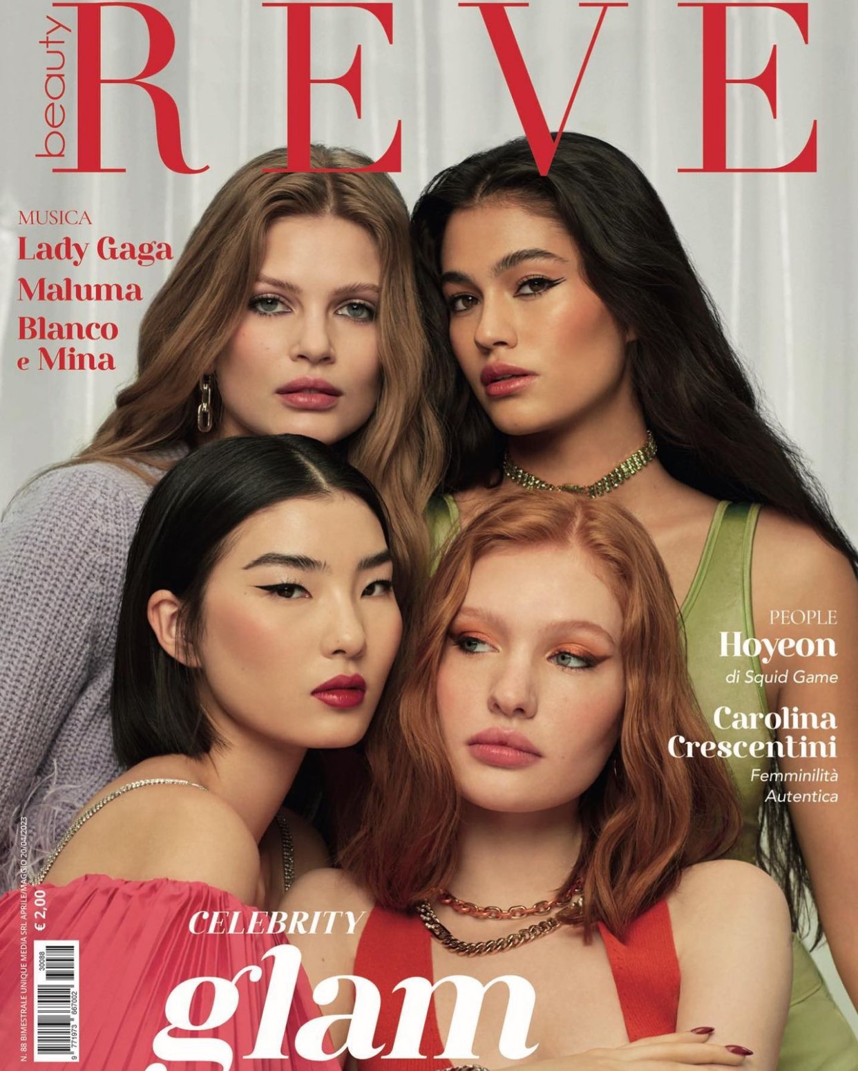 A group of five women posing together for a magazine cover. They are all wearing fashionable clothing and makeup, with serious expressions on their faces.