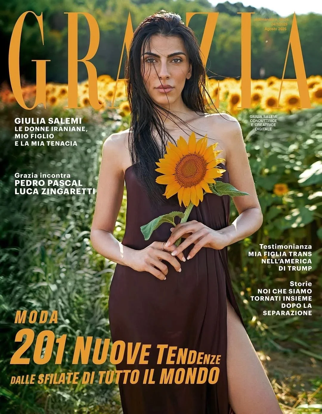 Magazines cover featuring a woman with dark hair holding a sunflower, standing in a field of sunflowers; magazine title says 'GRAZIA' and includes articles about fashion, Iranian women, and personal stories.