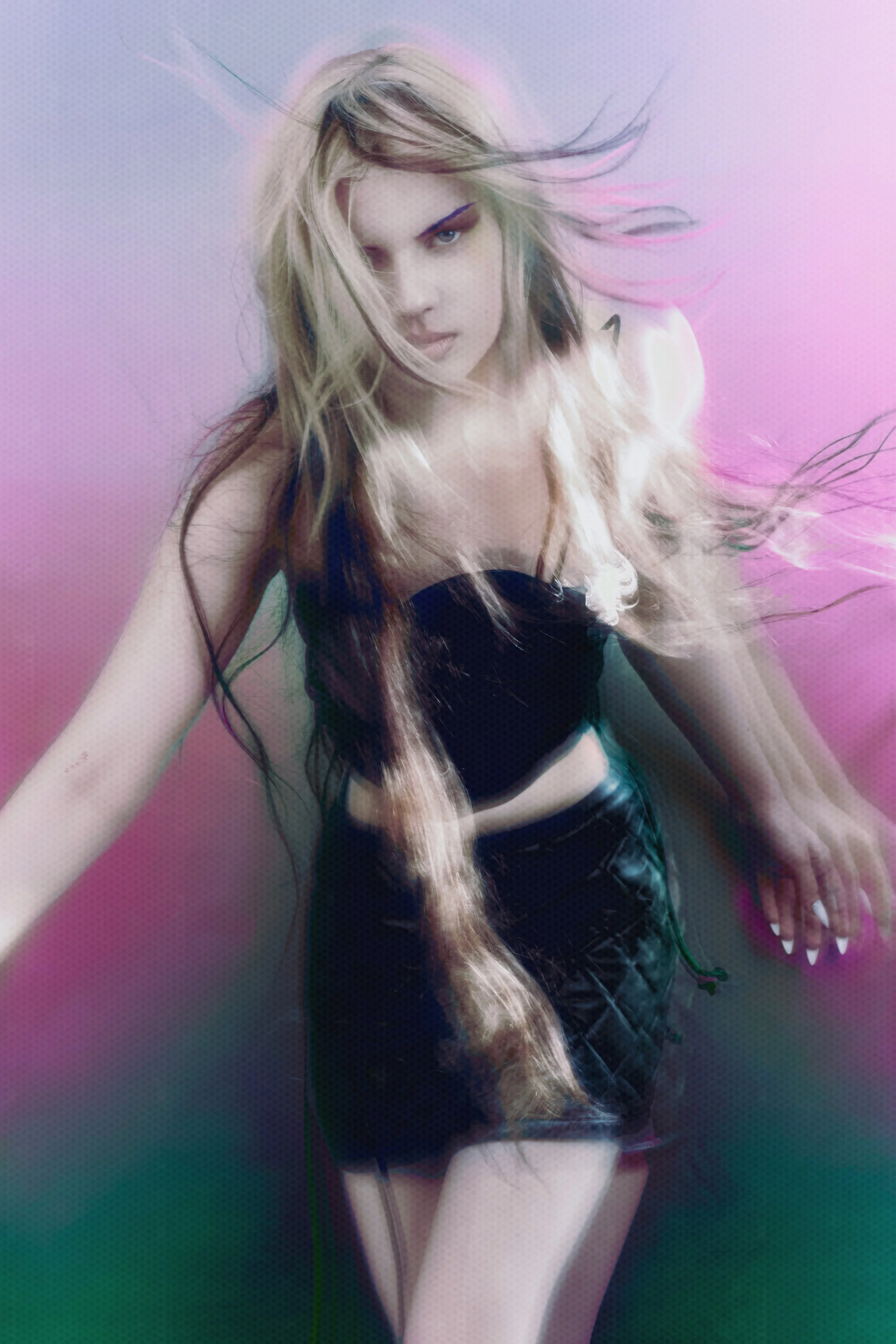 A young woman with long, flowing hair stands against a pink and purple gradient background, wearing a black strapless top and black skirt.