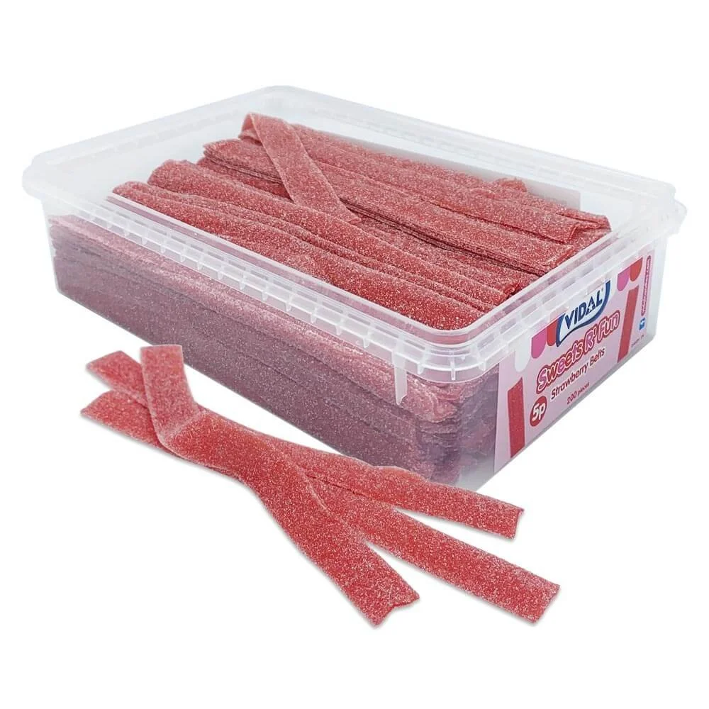 Fizzy Strawberry Belts - 1.3kg (approx. 200 pieces)
Contains Wheat. May contain trace of Milk. May contain Soya and Mustard.
Gelatine Free.