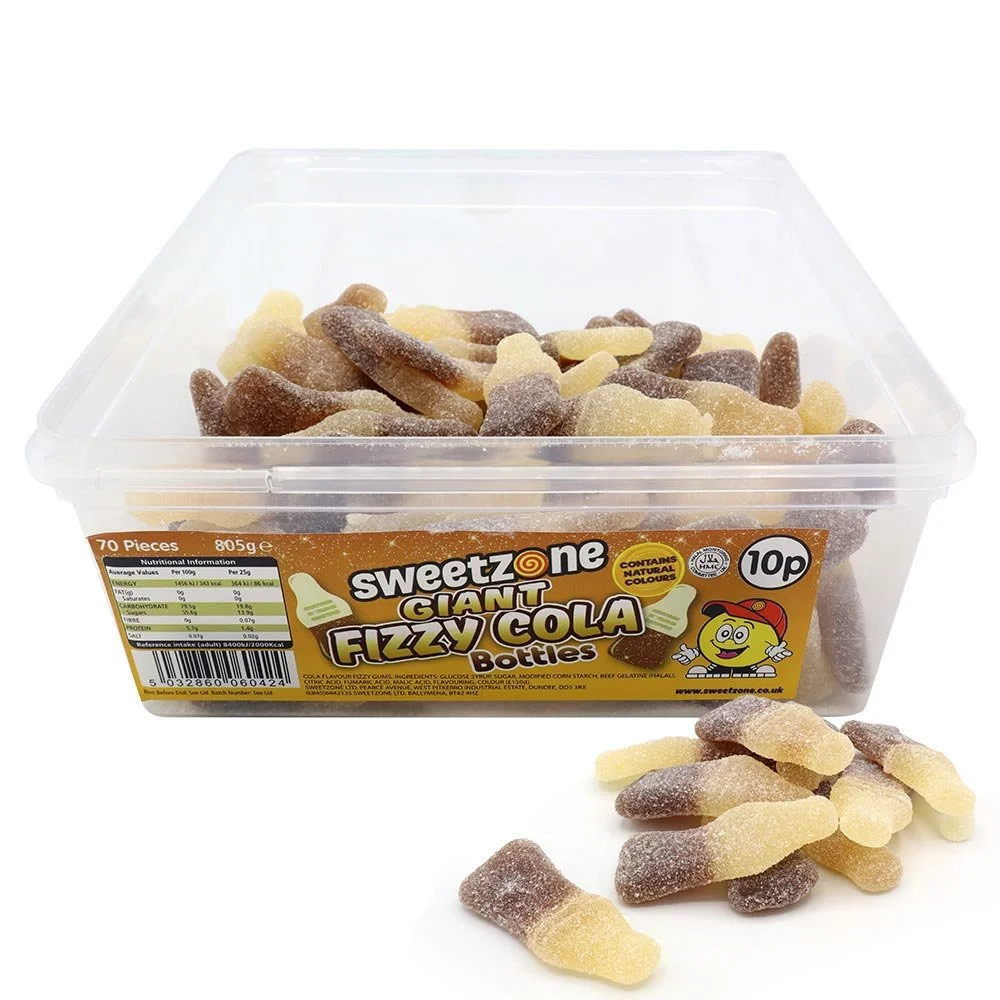 Giant Fizzy Cola Bottles - 805g (approx. 100 pieces)
No Artificial Colours.