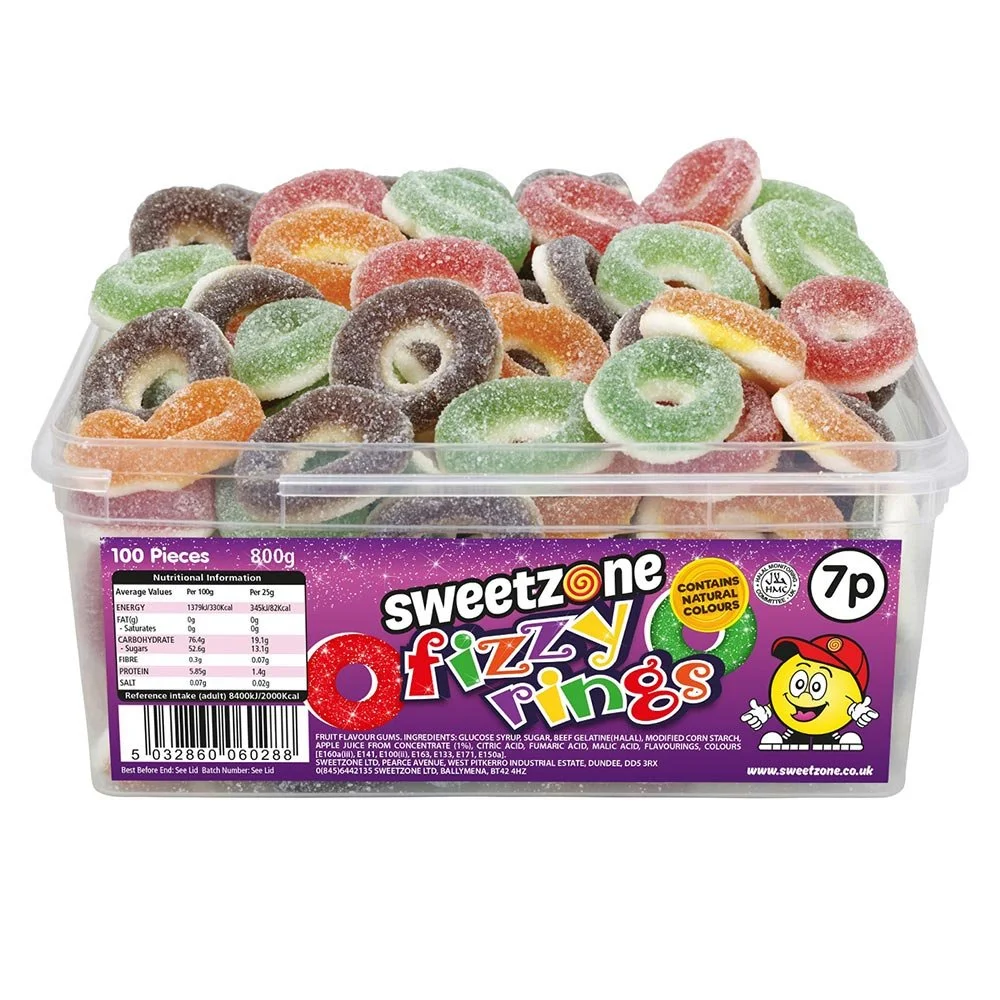 Fizzy Rings - 800g (approx. 100 pieces)
Halal.