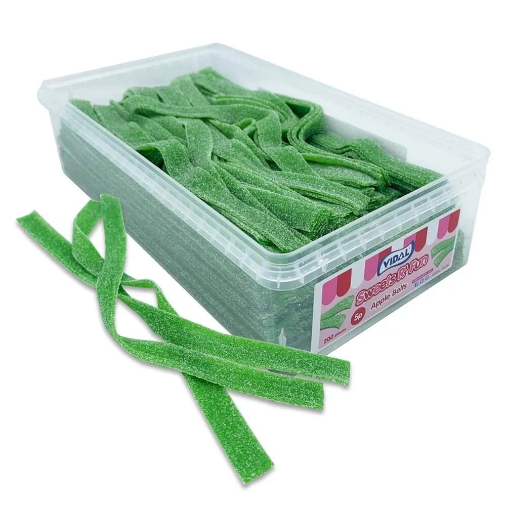 Apple Belts - 1.3kg (approx. 200 pieces)
Contains Wheat. May contain traces of Milk. May contain Soya and Mustard.
No Artificial Colours. Gelatine Free.
Vegetarian.